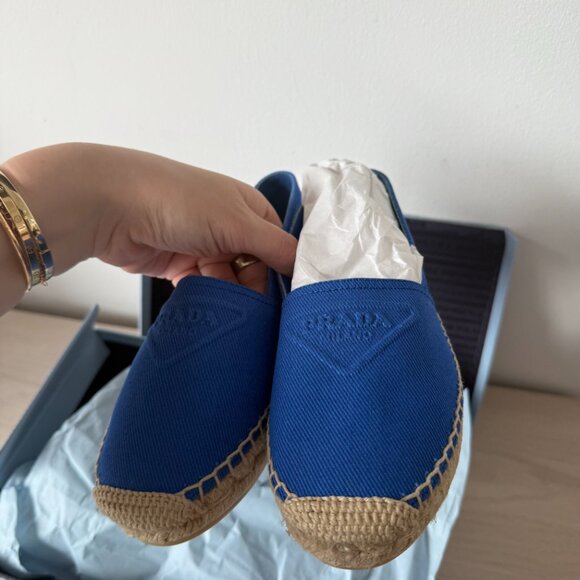NWT Prada Espadrille Flat Shoes In Blue Canvas Embossed Triangle Logo Sz 35 - Picture 8 of 12